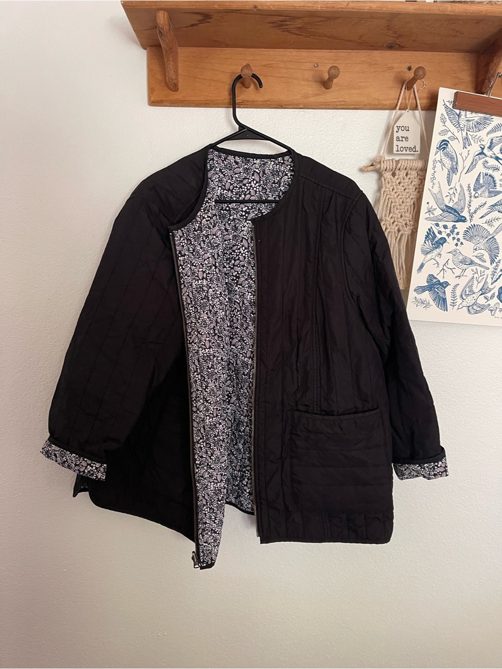Lands' End Black Quilted Reversible-Style Puffer with Floral Lining